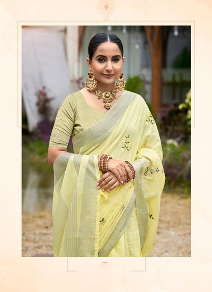 Yellow Color Beautiful Linen Fabric Sophisticated Ethnic Saree