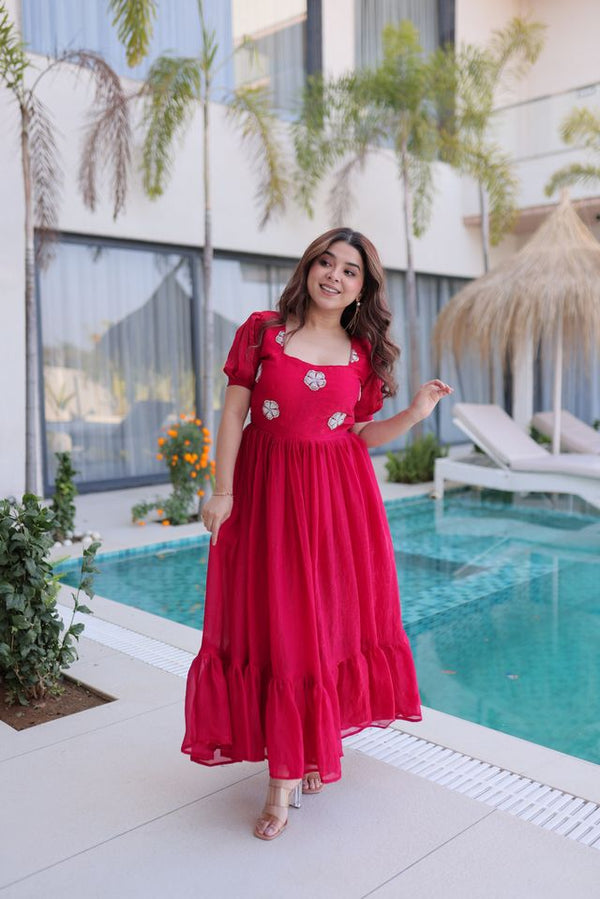 Pink Color Beautiful Ceremonial Fendy Silk Fabric Gown For Party Looks