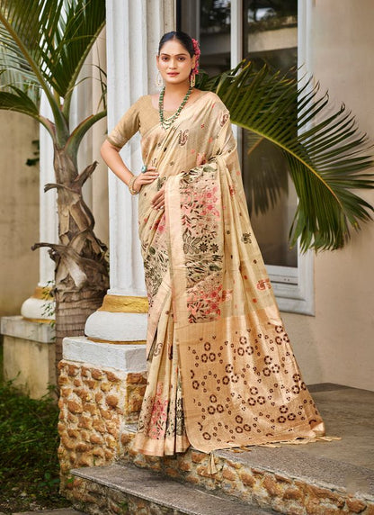Beige Color Cotton Silk Fabric Woven Meenakari Designer Saree