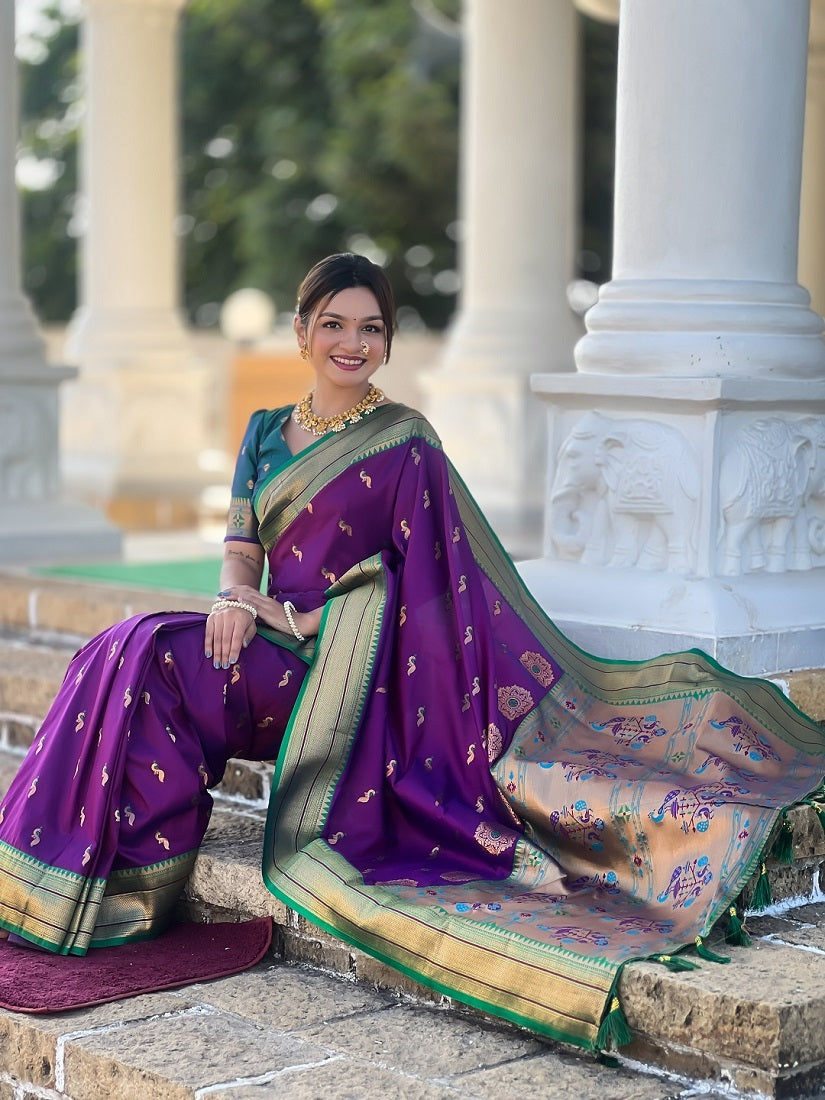 Wine Soft Paithani Silk Meenakari Weaving Saree With Unstitched Blouse