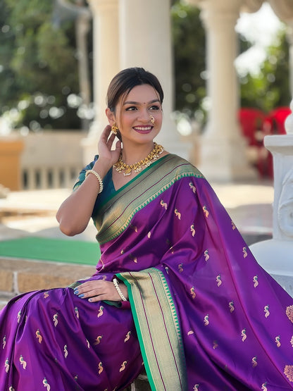 Wine Soft Paithani Silk Meenakari Weaving Saree With Unstitched Blouse
