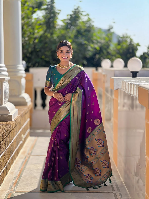 Wine Soft Paithani Silk Meenakari Weaving Saree With Unstitched Blouse