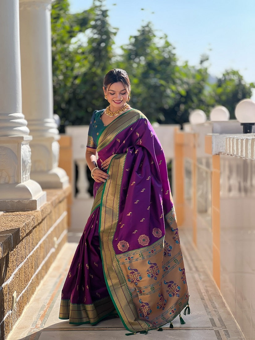 Wine Soft Paithani Silk Meenakari Weaving Saree With Unstitched Blouse
