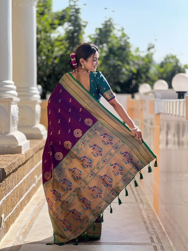 Wine Soft Paithani Silk Meenakari Weaving Saree With Unstitched Blouse