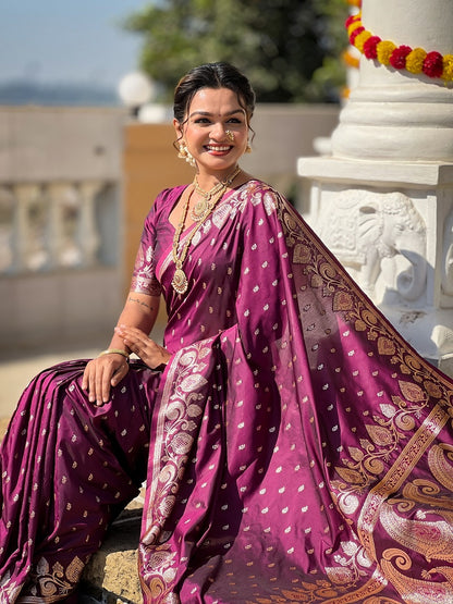 Wine Soft Banarasi Silk Meenakari Weaving Saree With Unstitched Blouse