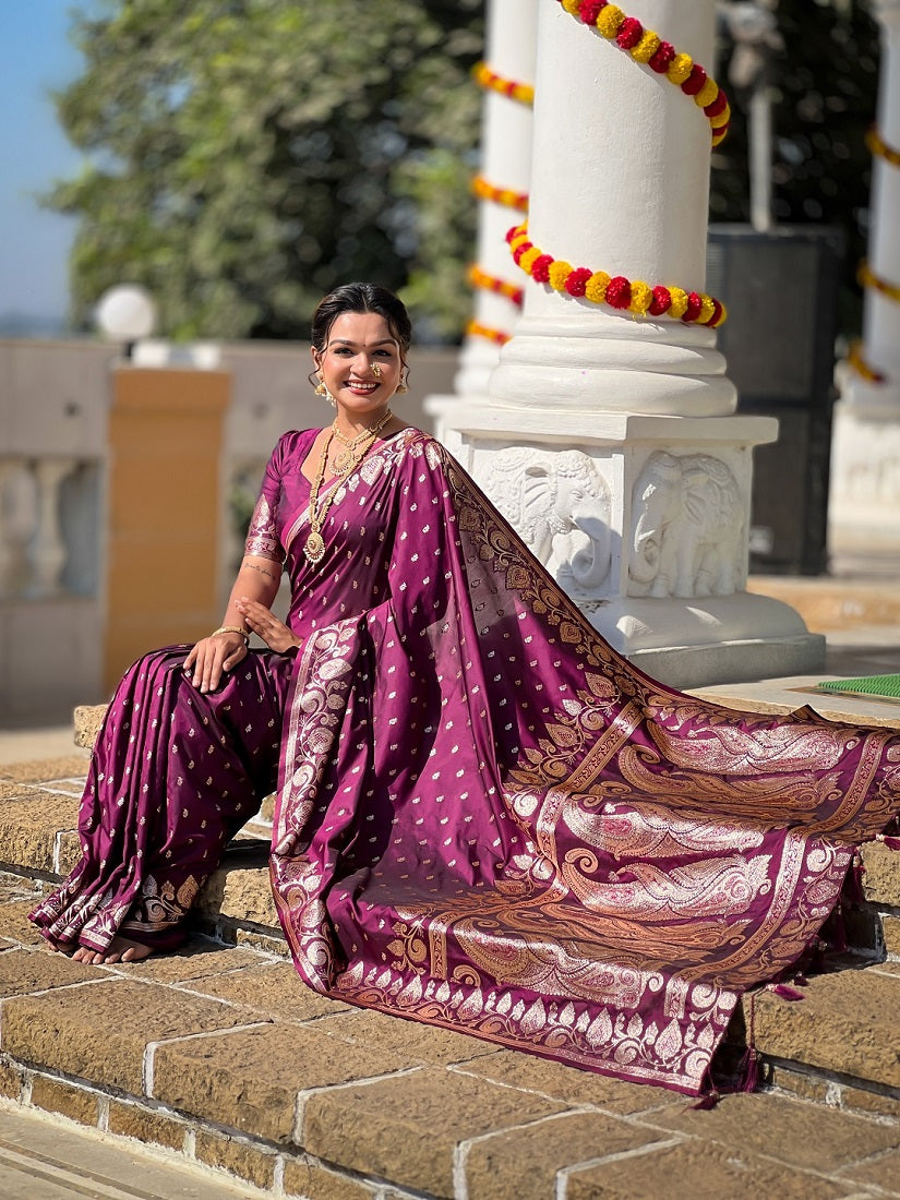 Wine Soft Banarasi Silk Meenakari Weaving Saree With Unstitched Blouse