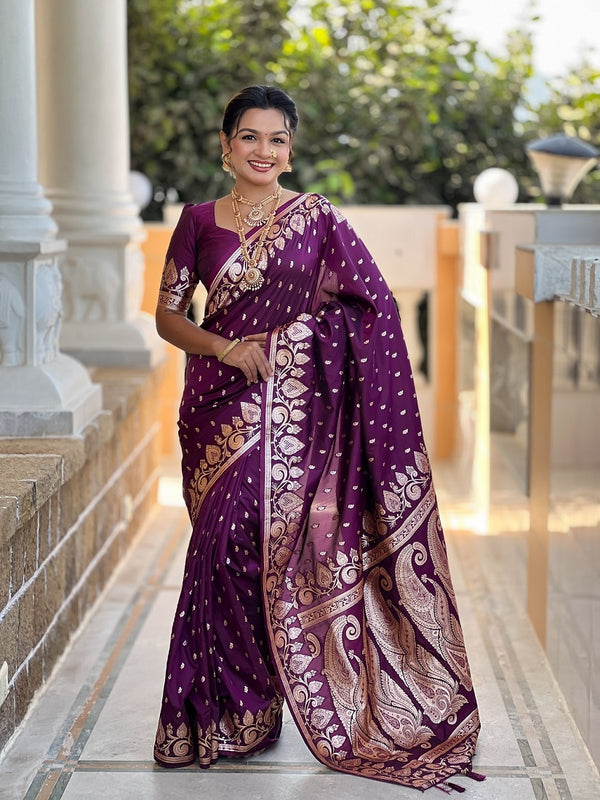 Wine Soft Banarasi Silk Meenakari Weaving Saree With Unstitched Blouse
