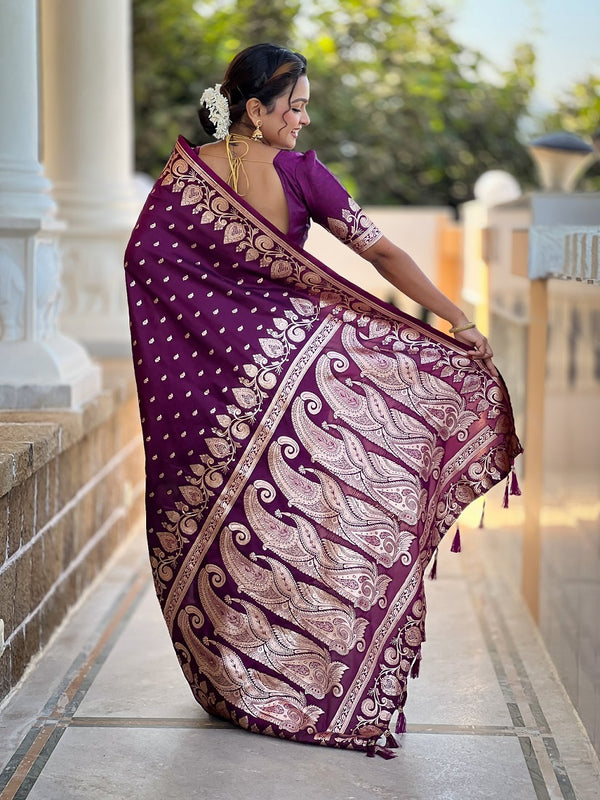 Wine Soft Banarasi Silk Meenakari Weaving Saree With Unstitched Blouse