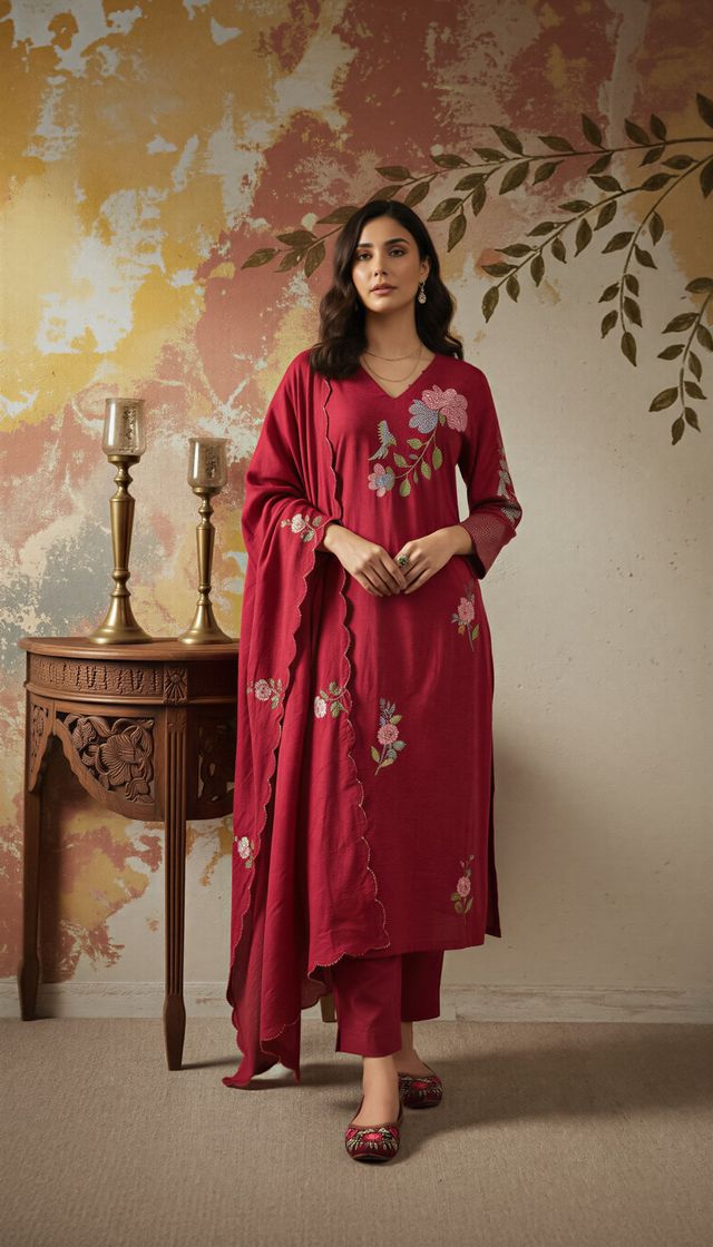 Maroon Color Chanderi Fabric Designer Embroidered Readymade Suit