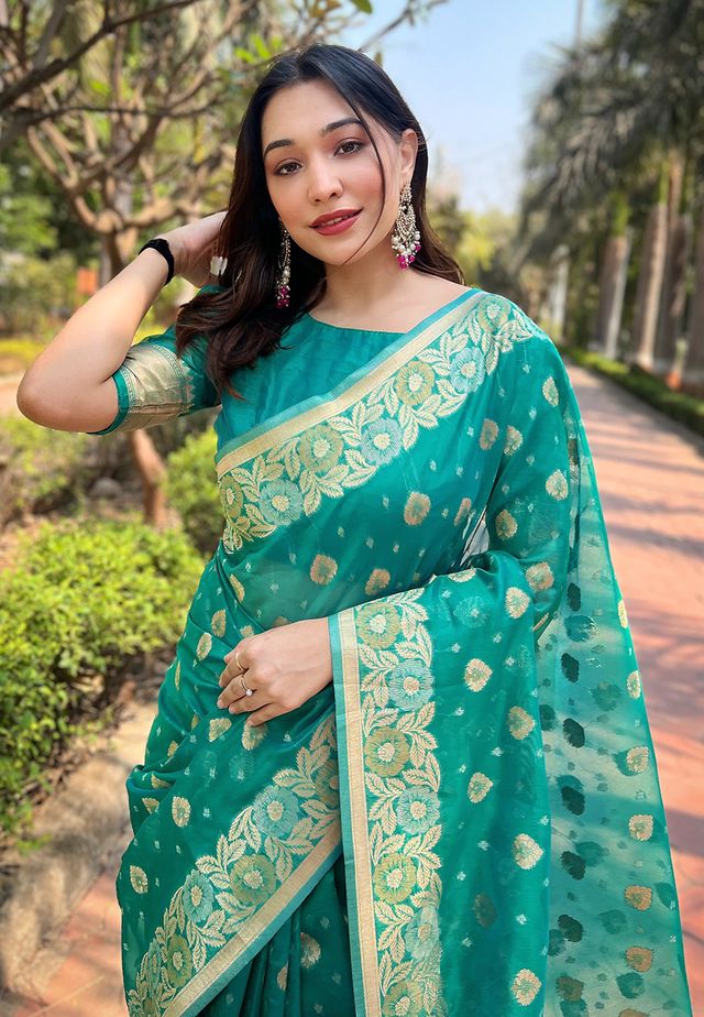 Sea Green Color Organza Fabric Woven Designer Ceremonial Partywear Saree