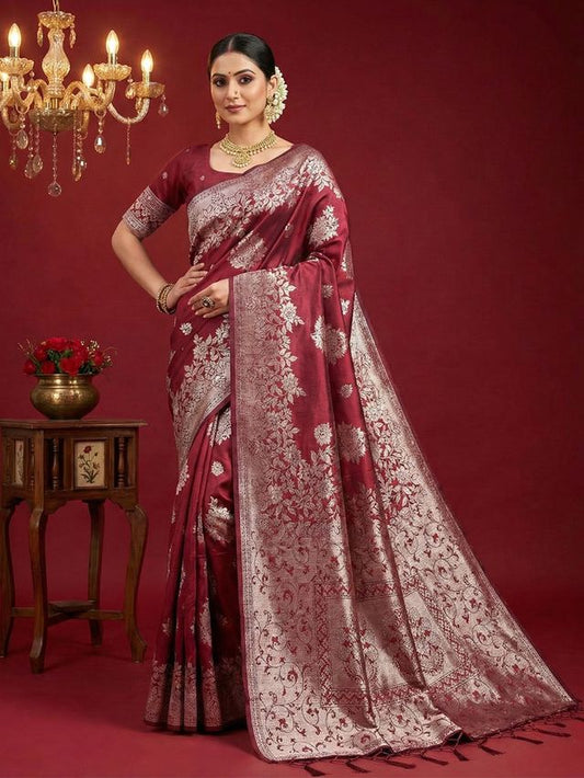 Maroon Color Beautiful Silk Blend Fabric Woven Designer Ethnic Ceremonial Saree
