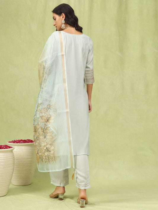 Grey Color Viscose Roman Silk Fabric Designer Embroidery Work Sophisticated Girlie Salwar Kameez