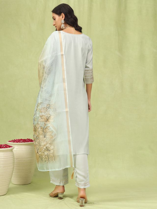 Grey Color Viscose Roman Silk Fabric Designer Embroidery Work Sophisticated Girlie Salwar Kameez