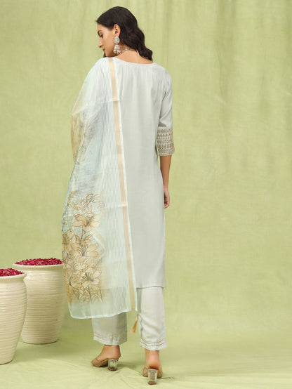 Grey Color Viscose Roman Silk Fabric Designer Embroidery Work Sophisticated Girlie Salwar Kameez