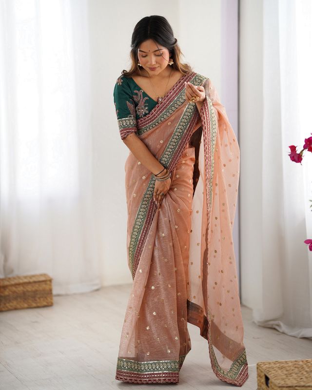 Peach Color Banarasi Crush Fabric Graceful Partywear Sequins Embroidered Saree