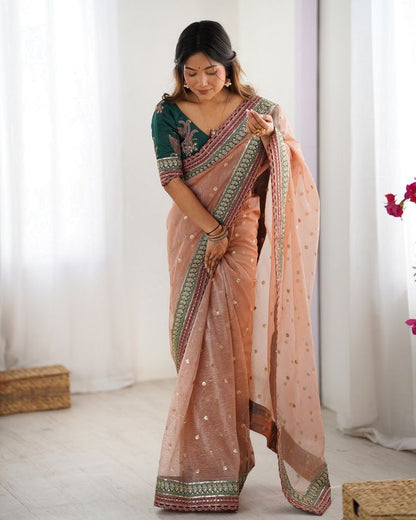 Peach Color Banarasi Crush Fabric Graceful Partywear Sequins Embroidered Saree