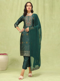 Green Color Silk Blend Fabric Designer Embroidered Suit