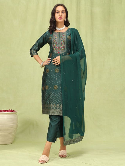 Green Color Silk Blend Fabric Designer Embroidered Suit