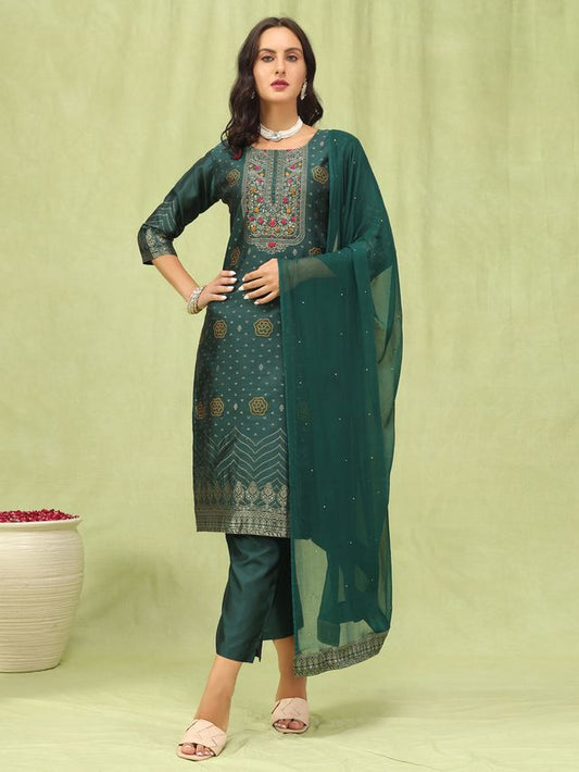 Green Color Silk Blend Fabric Designer Embroidered Suit