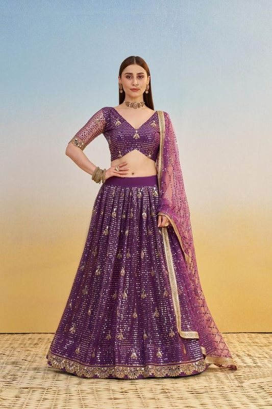 Dark Purple Heavy Embroidery Net Semi Stitch A Line Lehenga With Blouse