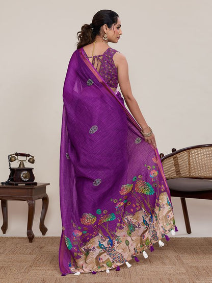 Purple Color Linen Silk Fabric Ethnic Partywear Saree
