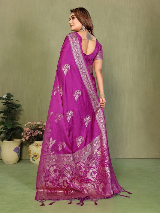 Magenta Color Satin Silk Fabric Woven Jari Designer Partywear Saree