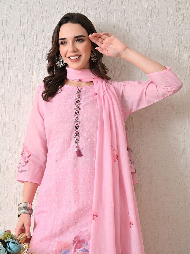Pink Color Polyester Schfli Fabric Designer Partywear Readymade Suit