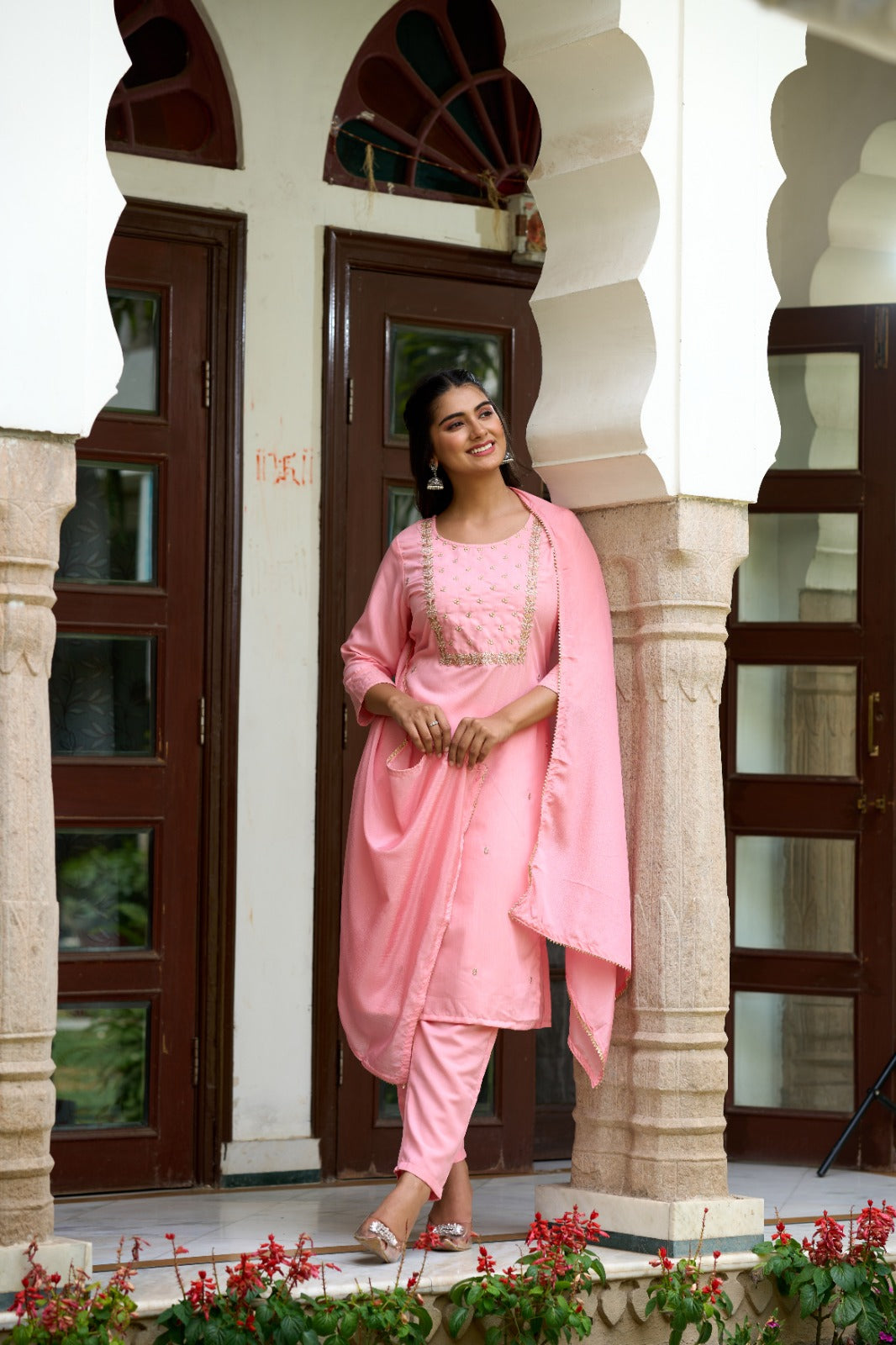 Rayon Slub Fabric Embroidered work Straight cut Kurta, Pant and Dupatta Set