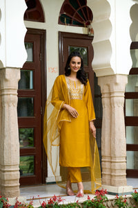 Yellow Solid Chanderi Fabric Embroidered work Straight cut Kurta Pant and Dupatta Set