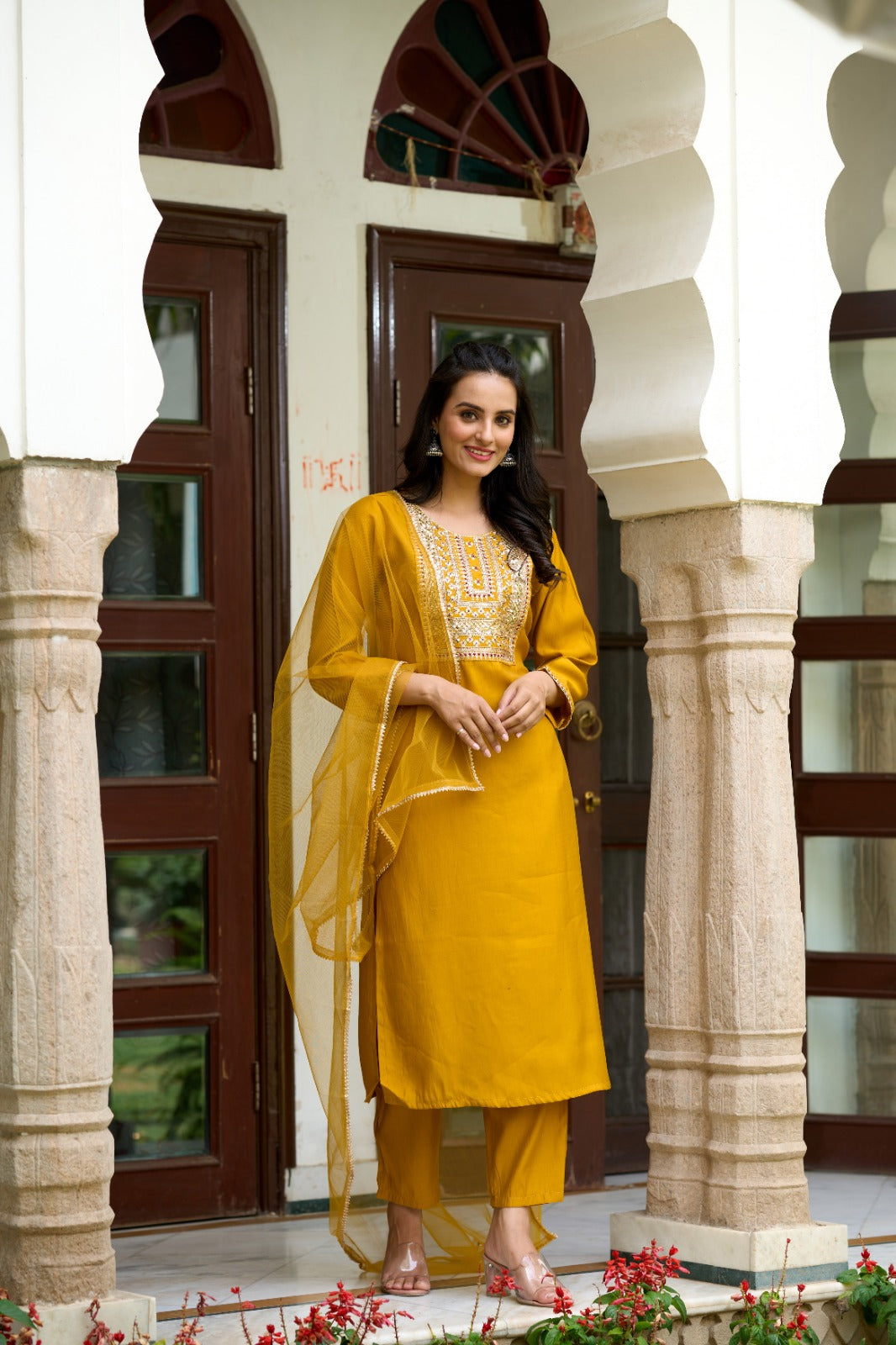 Yellow Solid Chanderi Fabric Embroidered work Straight cut Kurta Pant and Dupatta Set