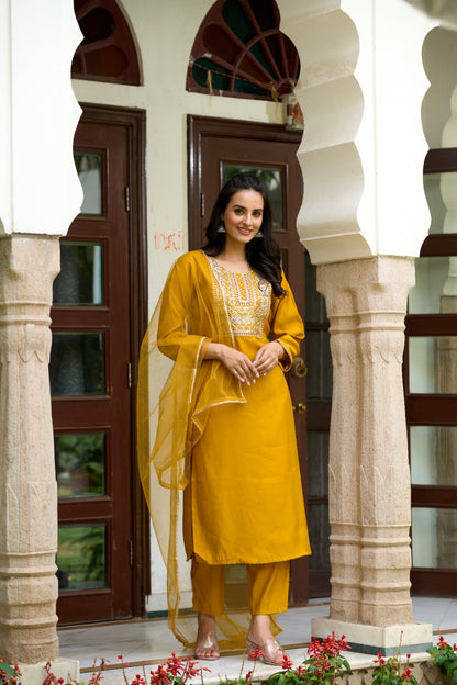Yellow Solid Chanderi Fabric Embroidered work Straight cut Kurta Pant and Dupatta Set