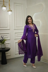Women's Gorgeous Vichitra Fabric Embroidery Work Straight Kurta Pant and Dupatta Set