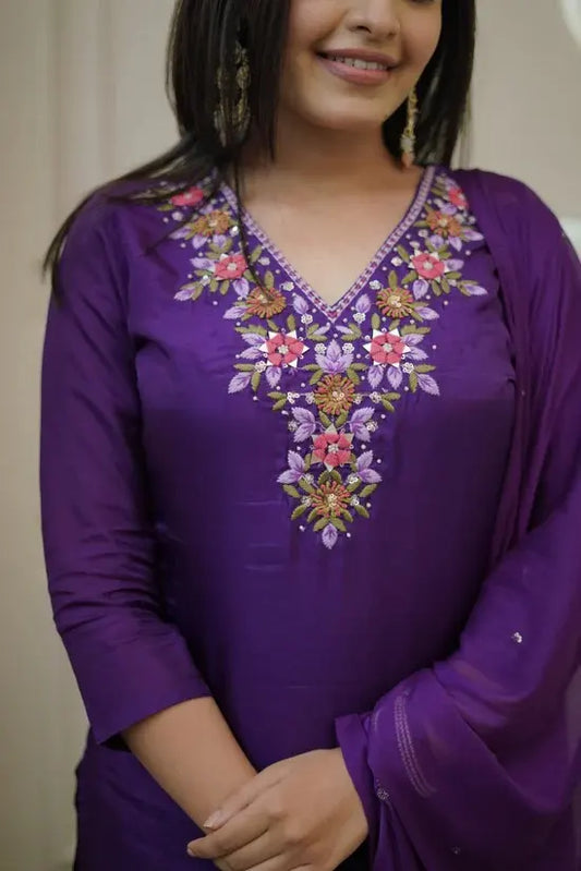 Women's Gorgeous Vichitra Fabric Embroidery Work Straight Kurta Pant and Dupatta Set