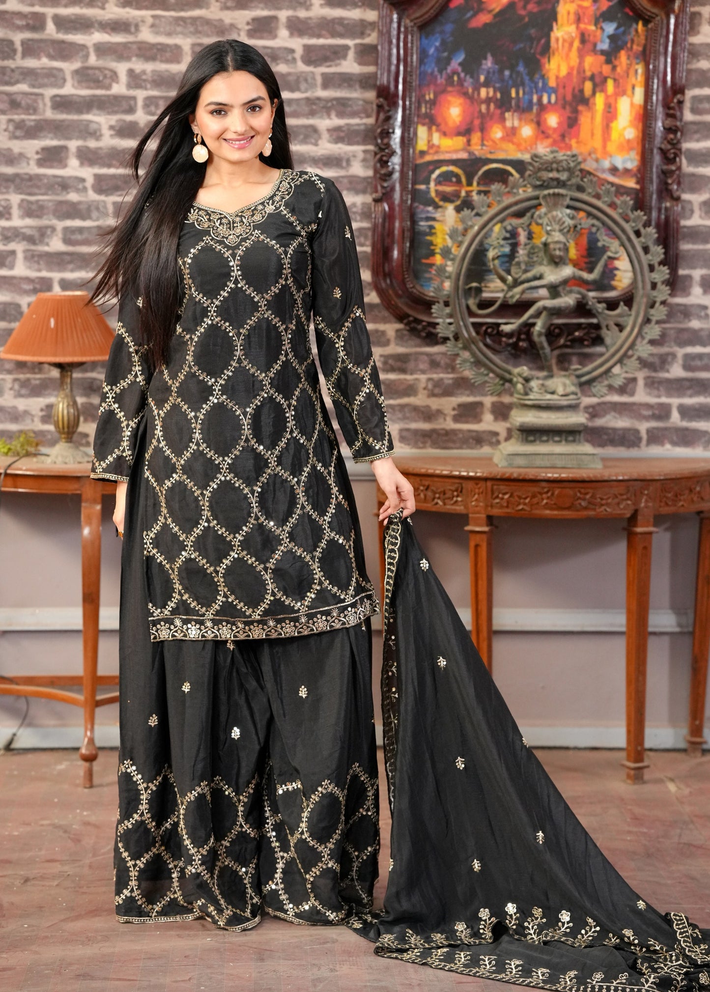 Black Heavy Chinon Suit With Sequence Embroidered Work