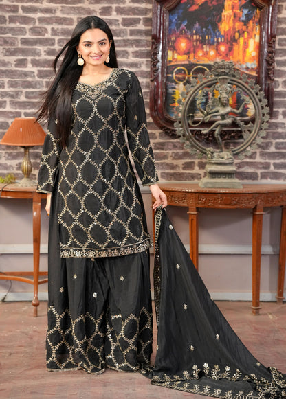 Black Heavy Chinon Suit With Sequence Embroidered Work