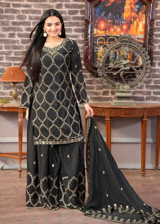 Black Heavy Chinon Suit With Sequence Embroidered Work