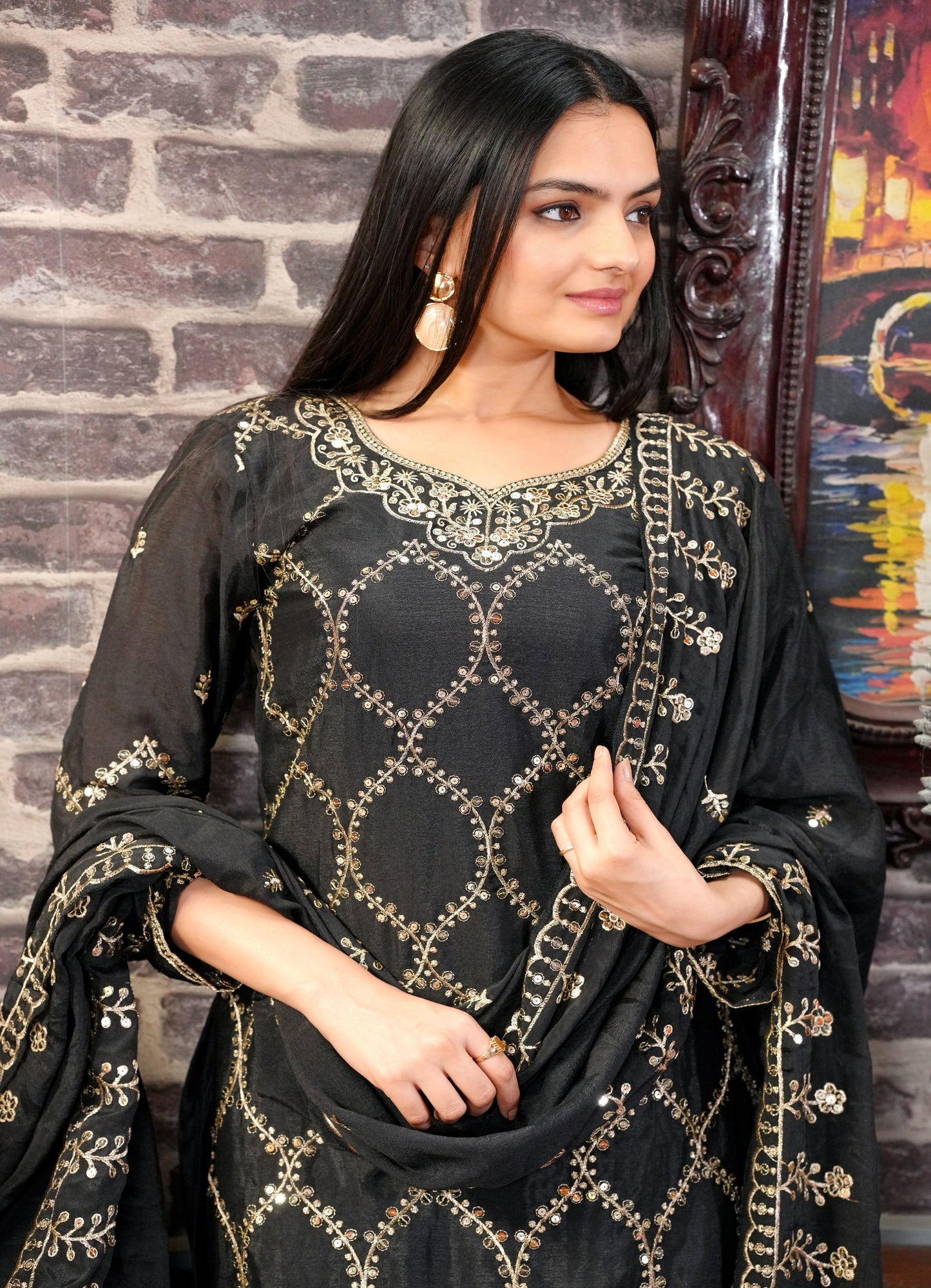 Black Heavy Chinon Suit With Sequence Embroidered Work
