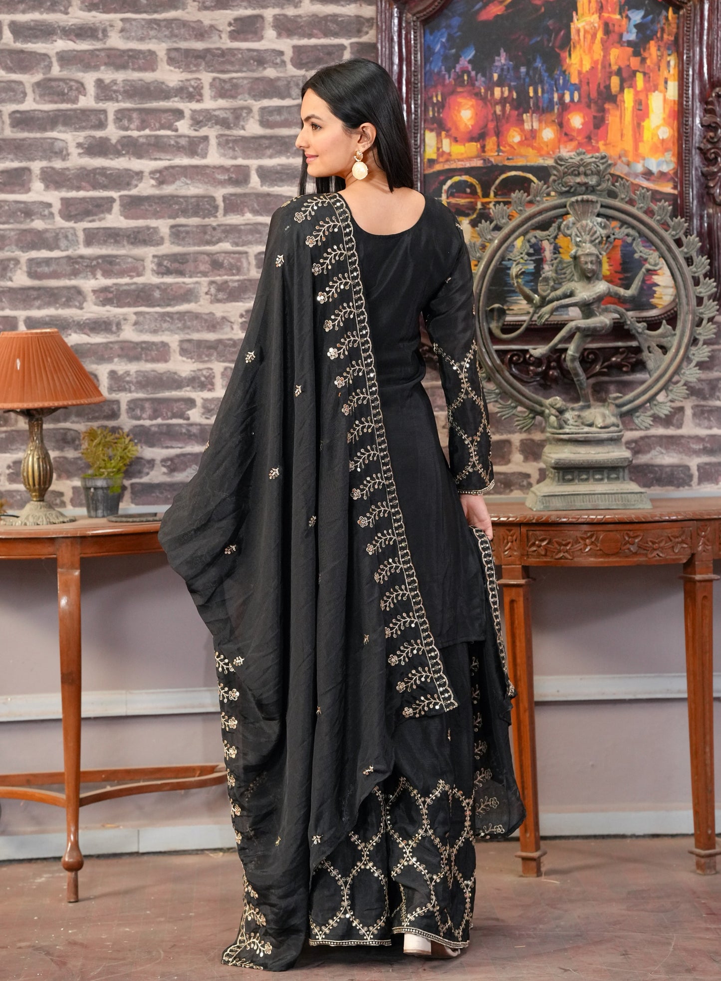 Black Heavy Chinon Suit With Sequence Embroidered Work