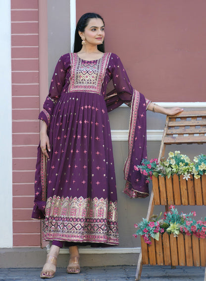 Flarred Purple Heavy Fox Georgette Suit With Sequence Embroidered Work