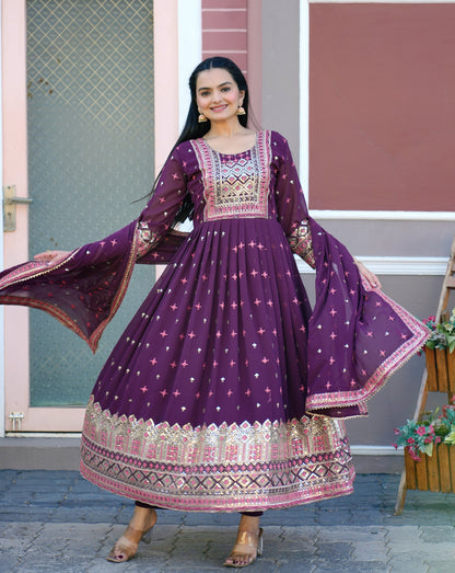 Flarred Purple Heavy Fox Georgette Suit With Sequence Embroidered Work