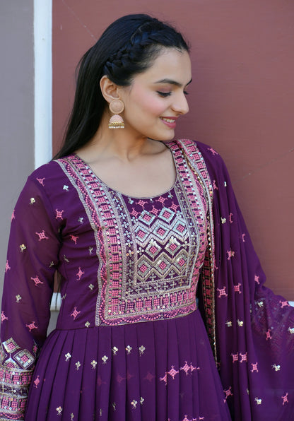 Flarred Purple Heavy Fox Georgette Suit With Sequence Embroidered Work