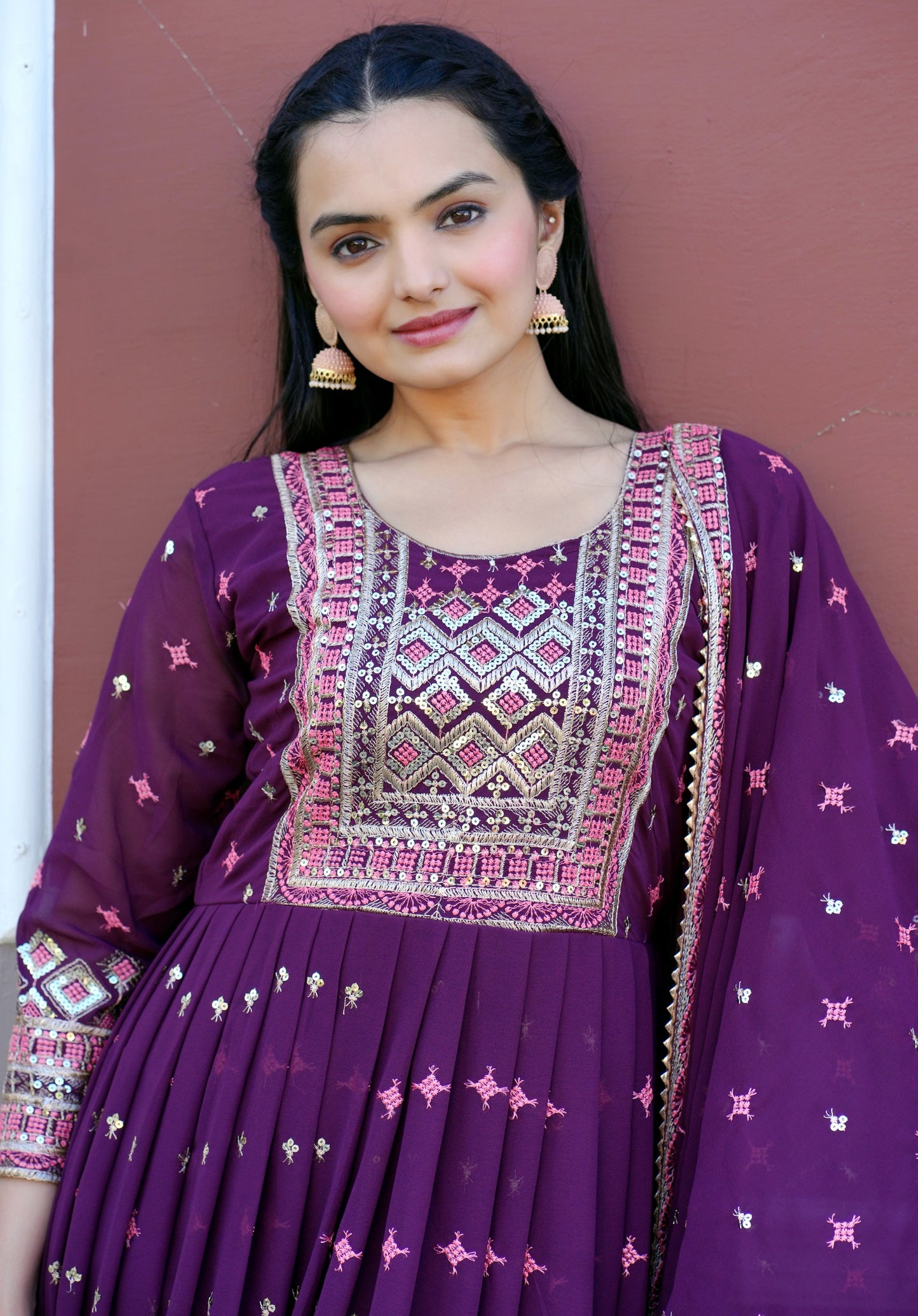 Flarred Purple Heavy Fox Georgette Suit With Sequence Embroidered Work