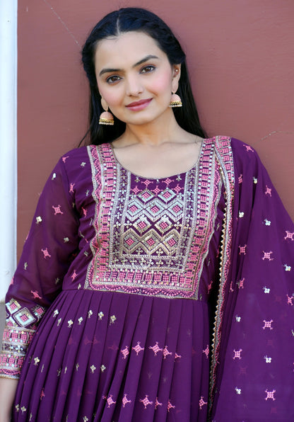Flarred Purple Heavy Fox Georgette Suit With Sequence Embroidered Work