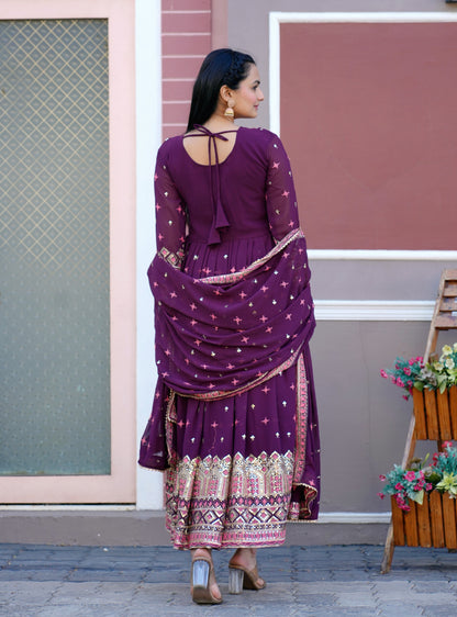Flarred Purple Heavy Fox Georgette Suit With Sequence Embroidered Work