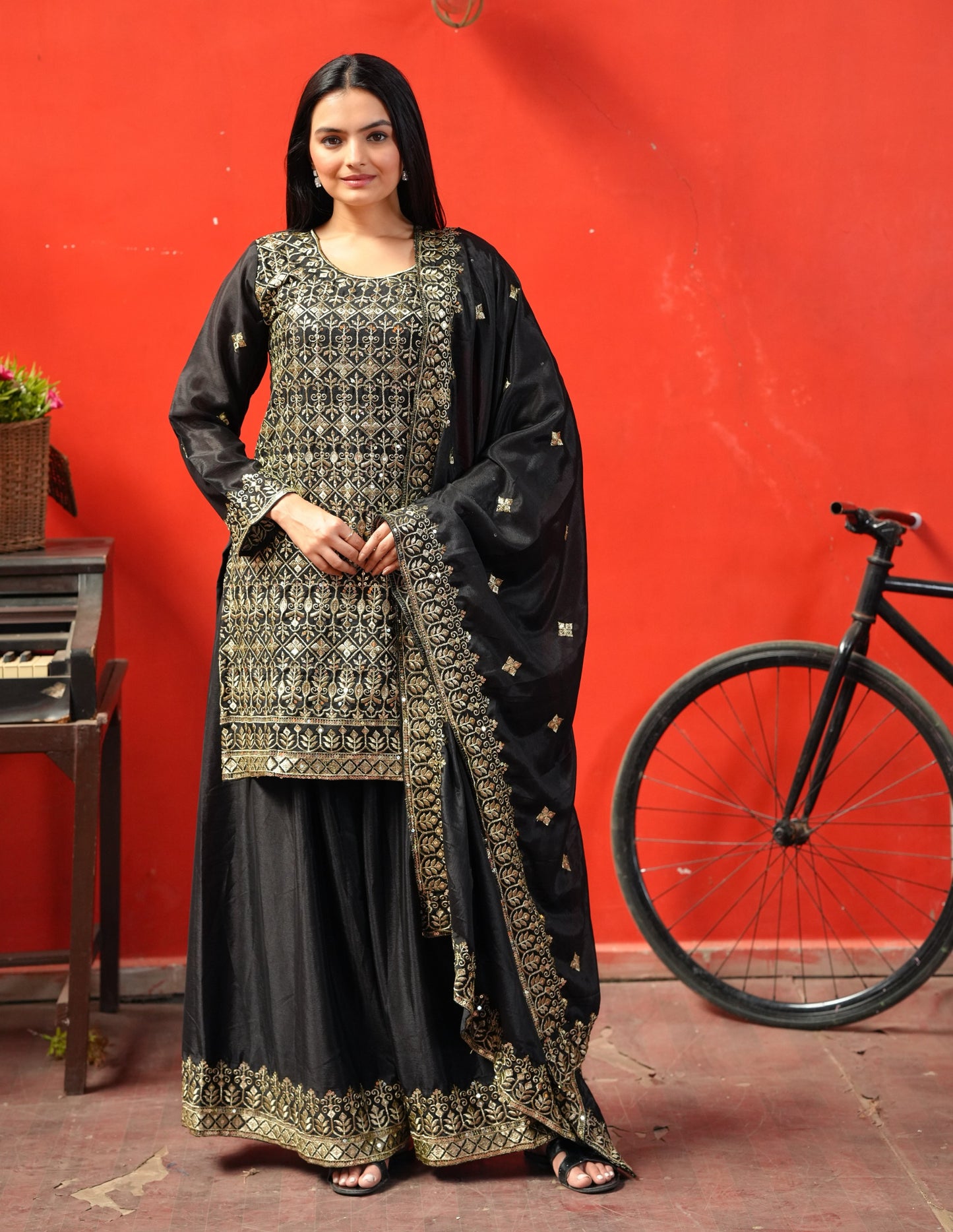 Black Heavy Chinon Suit With Sequence Embroidered Work 48