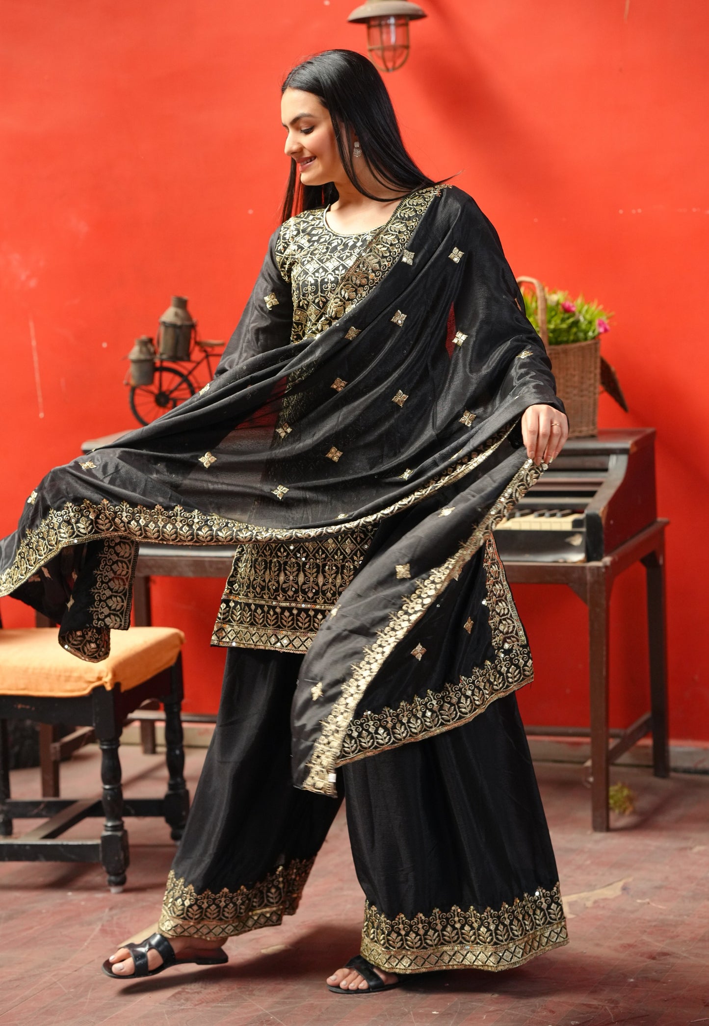 Black Heavy Chinon Suit With Sequence Embroidered Work 48