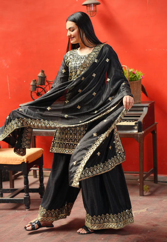 Black Heavy Chinon Suit With Sequence Embroidered Work 48
