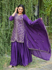 Purple Heavy Chinon Suit With Sequence Embroidered Work