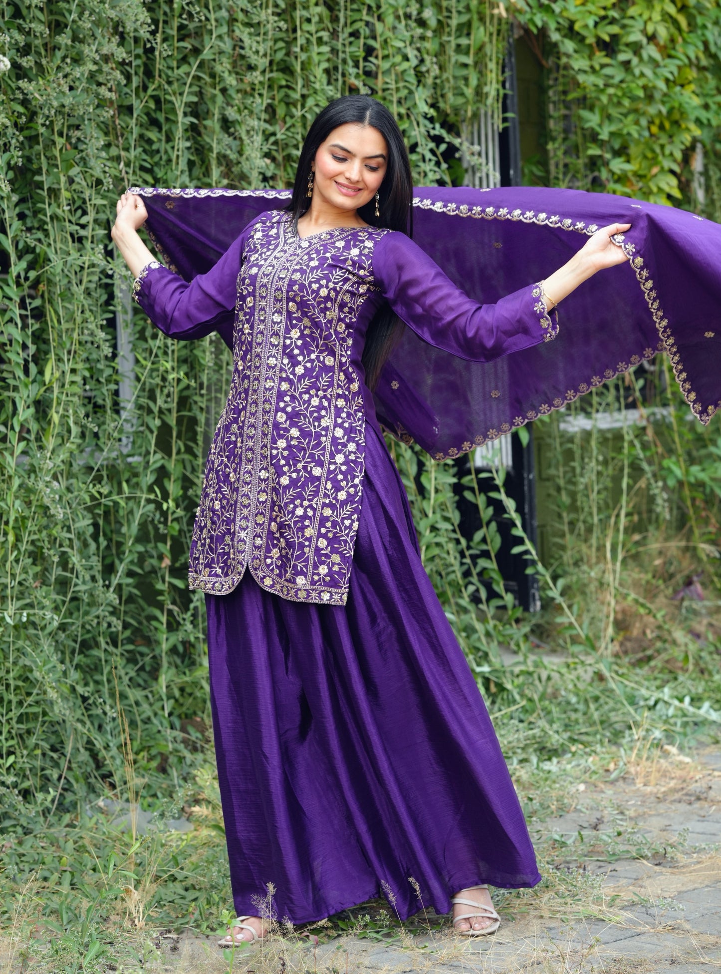 Purple Heavy Chinon Suit With Sequence Embroidered Work