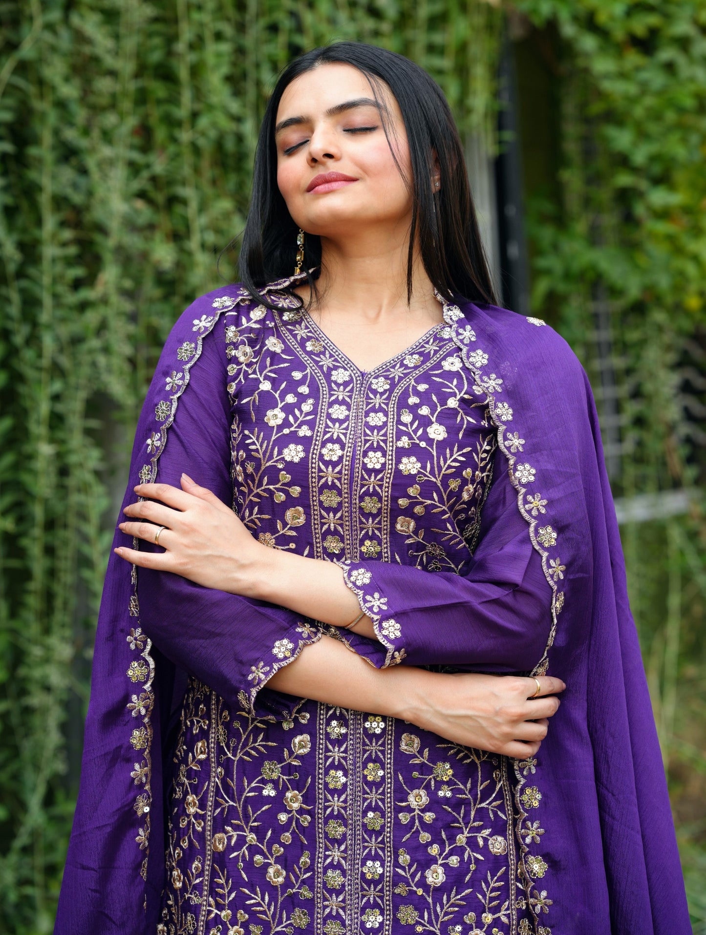 Purple Heavy Chinon Suit With Sequence Embroidered Work
